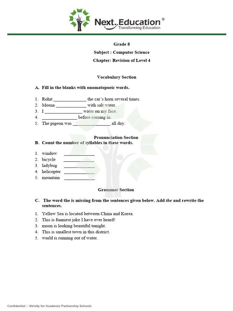 English - Grade 8 - Chapter 2 - Worksheet - Odt | PDF | Linguistics