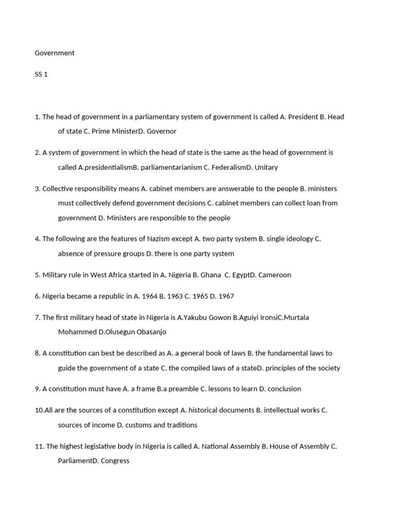 SS 1 Government Exam Question | PDF