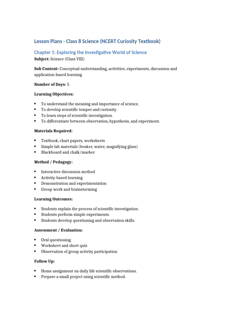 Class 8 Science Lesson Plans NCERT Curiosity | PDF