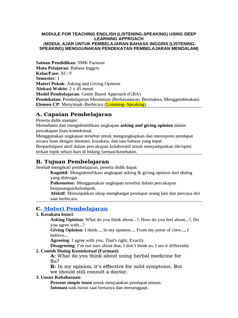 Modul Ajar Deep Learning - Listening-Speaking | PDF