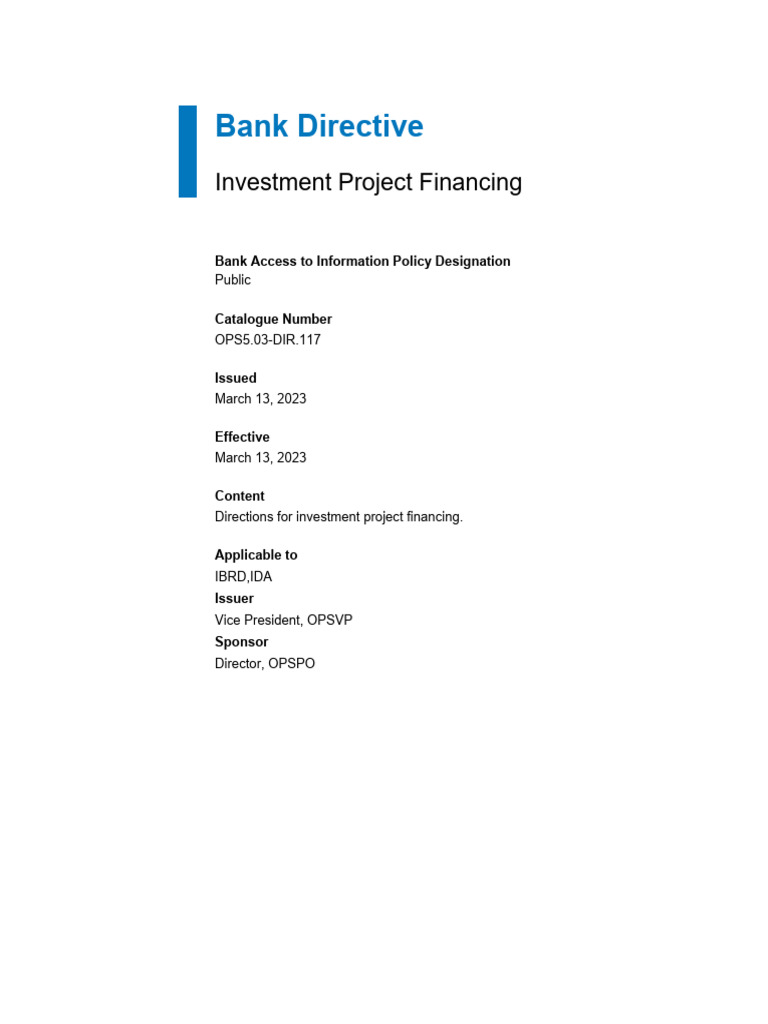 Bank Directive Investment Project Financing | PDF