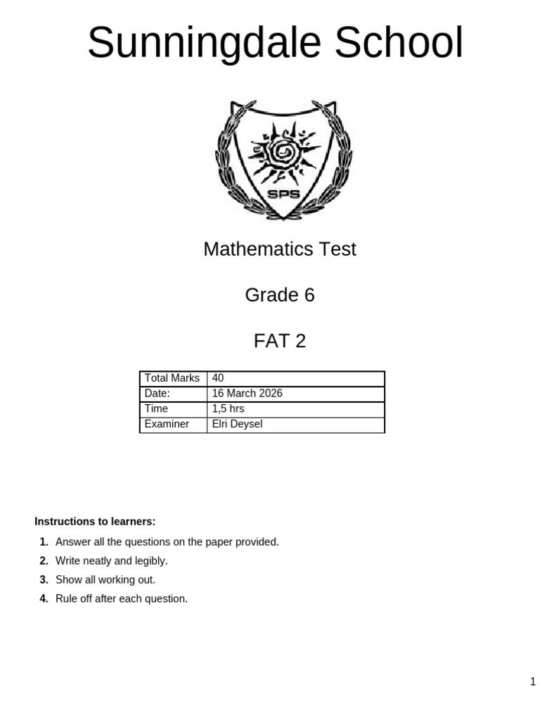 g6 Term 1 Math Test 2025 | PDF