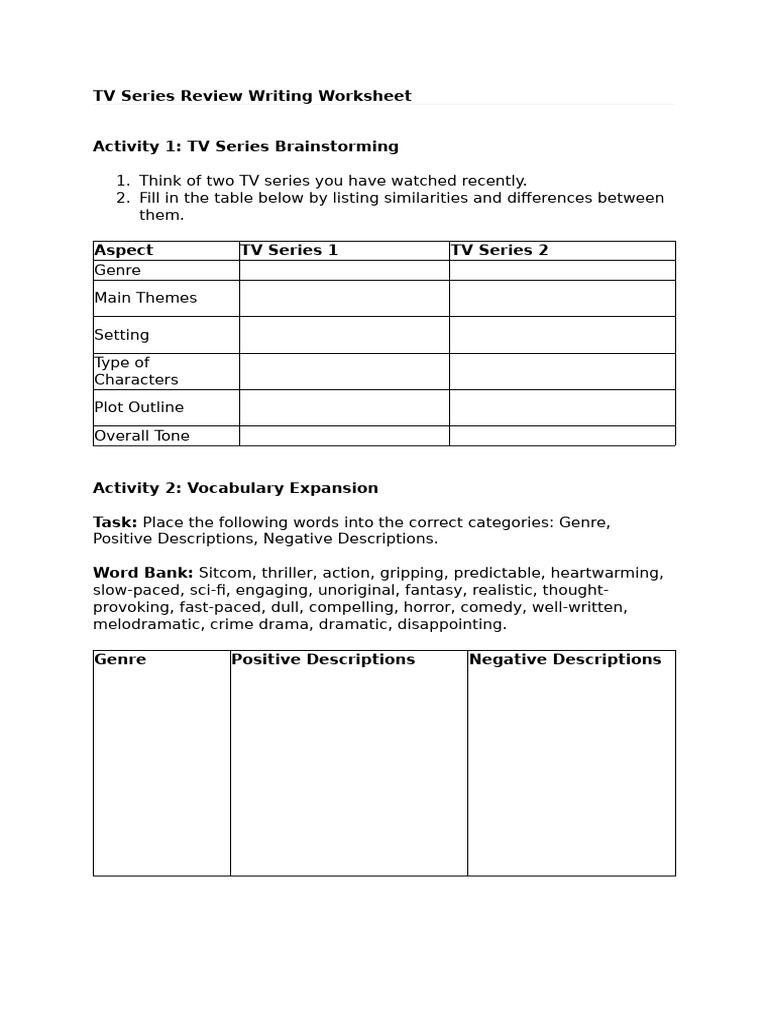 TV Series Review Writing Worksheet | PDF