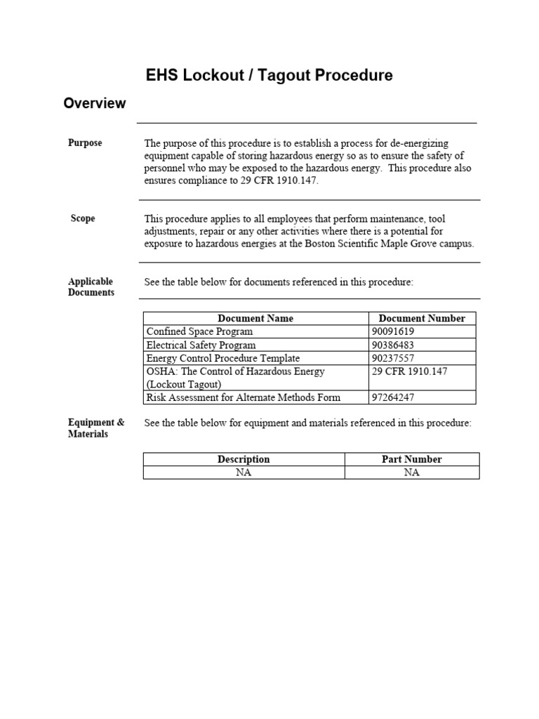 EHS Lockout Tagout Procedure | PDF