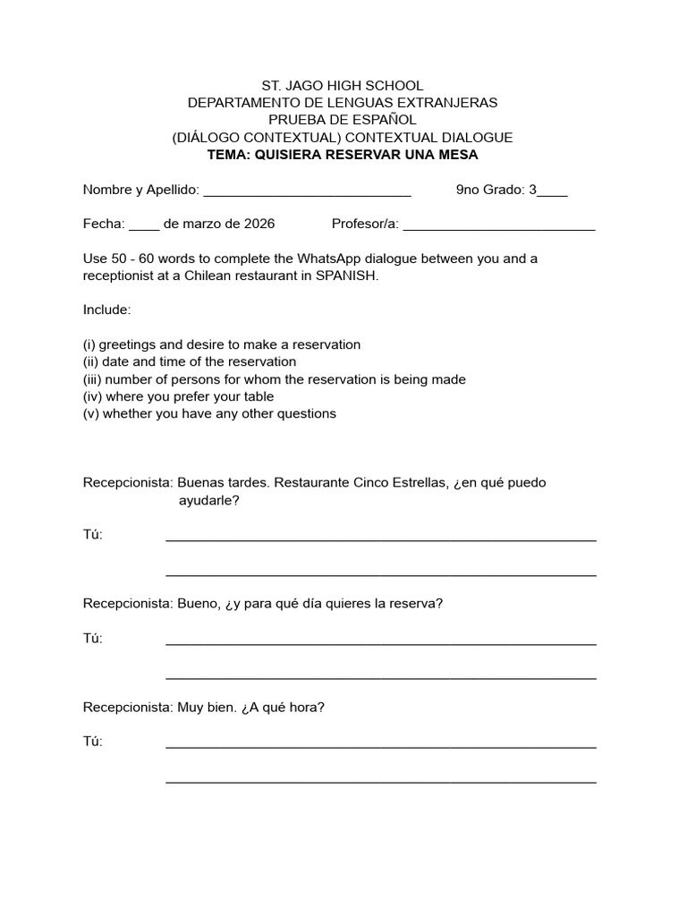 Dialogue Test On Quisiera Reservar Una Mesa - 3rd Form Spanish | PDF