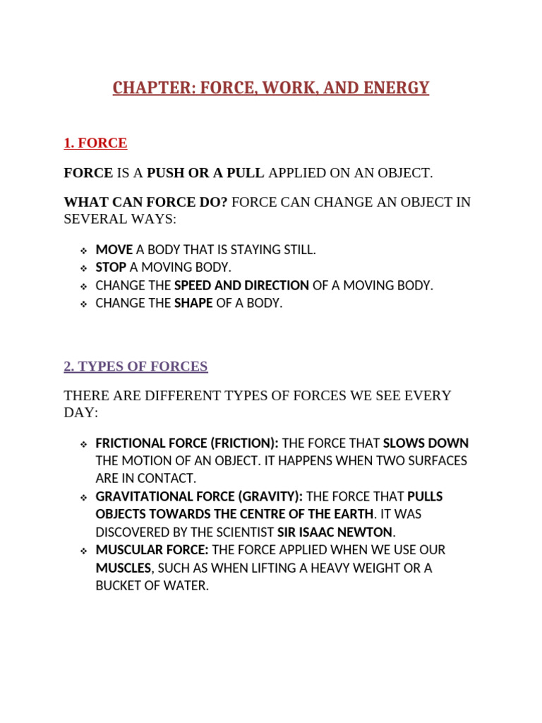 Force Work and Energy Notes | PDF
