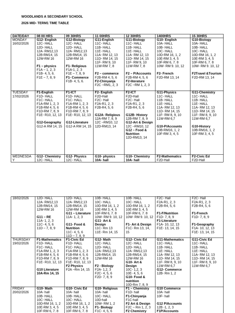 2026 Mid Term 1 Time Table | PDF
