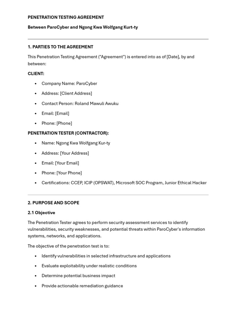 Penetration Testing Agreement-Ngong Kwa Wolfgang Kurt-Ty | PDF ...