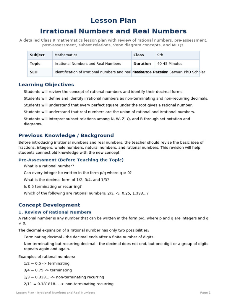 Lesson Plan Irrational and Real Numbers Class 9 | PDF | Numbers ...