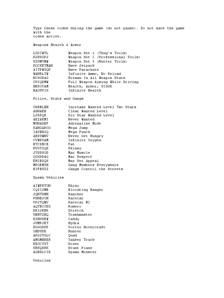 GTA San Andreas Cheet Codes | PDF