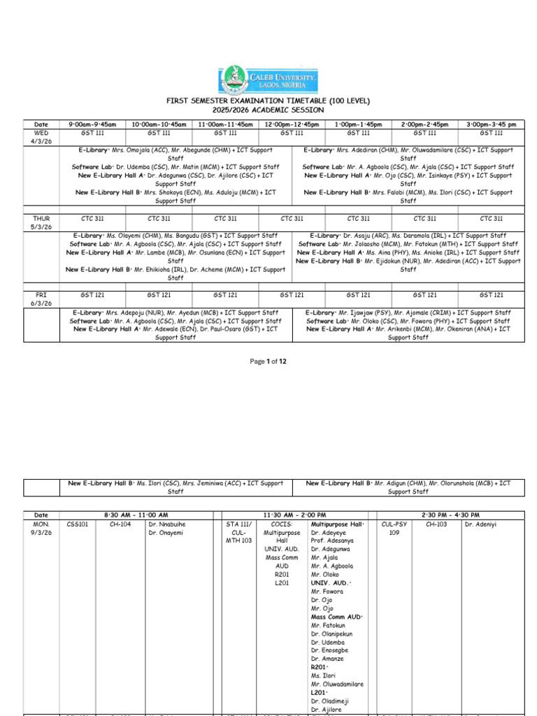 100 Level 2025 2026 First Semester Examination Timetable | PDF