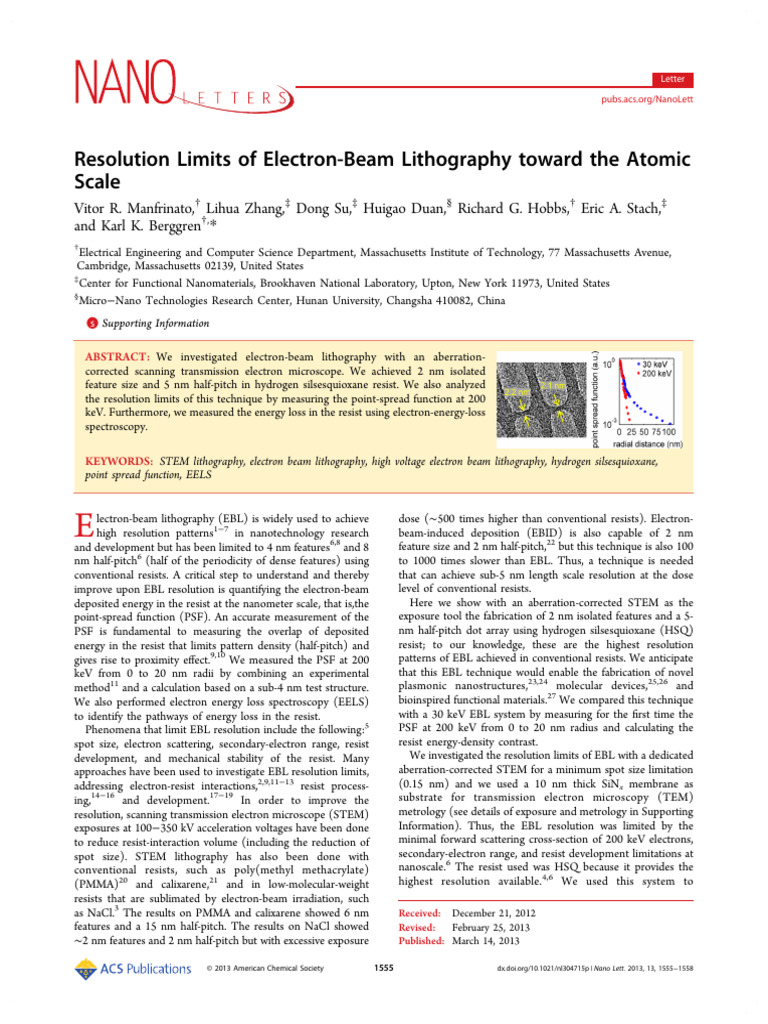 Resolution Limits of Electron-Beam Lithography Toward The Atomic | PDF