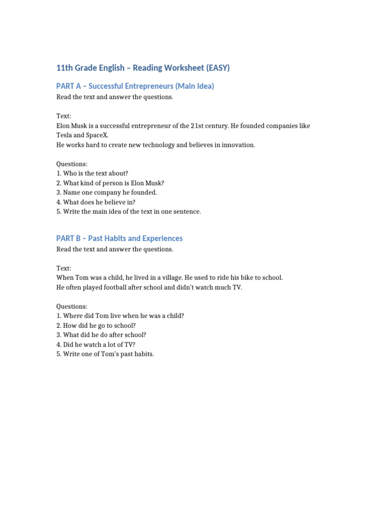 11th Grade English Worksheet EASY | PDF