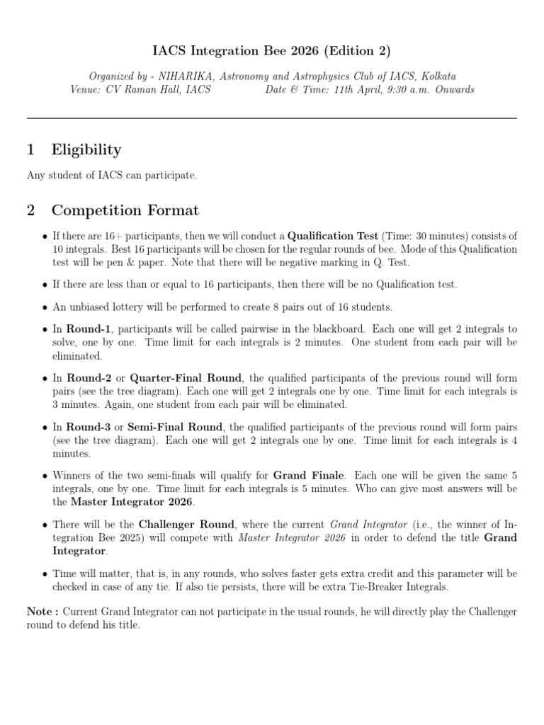 IACS Integration Bee Rules 2026-1 | PDF | Mathematics | Functions And ...