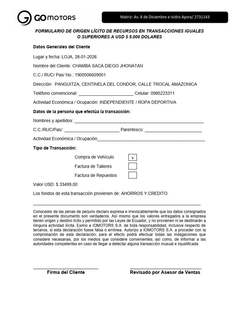 Origen Licito de Fondos GOMOTORS | PDF