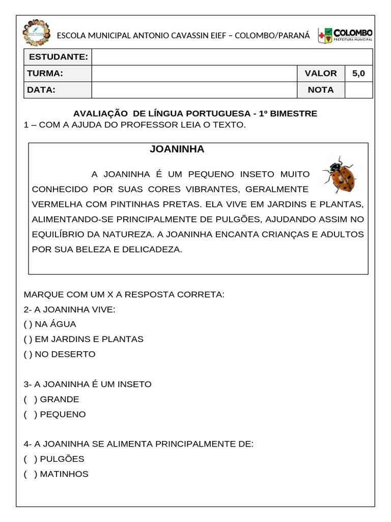 Avaliação de Língua Portuguesa 2 Ano | PDF