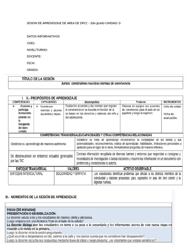 Sesion de Aprendizaje de Area de Dpcc Normas de Convivencia | PDF