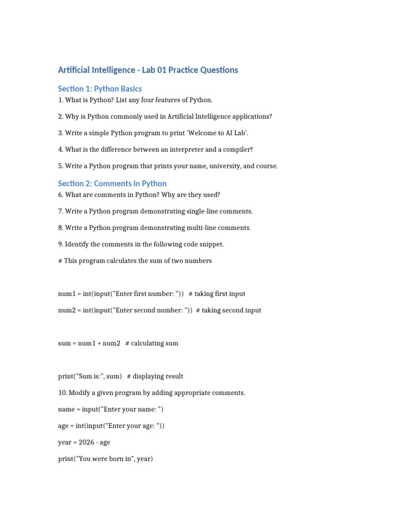 AI Lab01 Practice Questions | PDF | Python (Programming Language ...