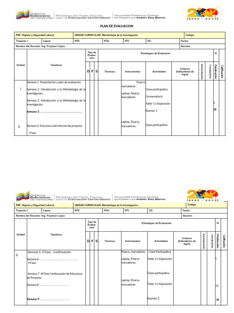 Formato Plan de Evaluación Trayecto I - 082713 | PDF
