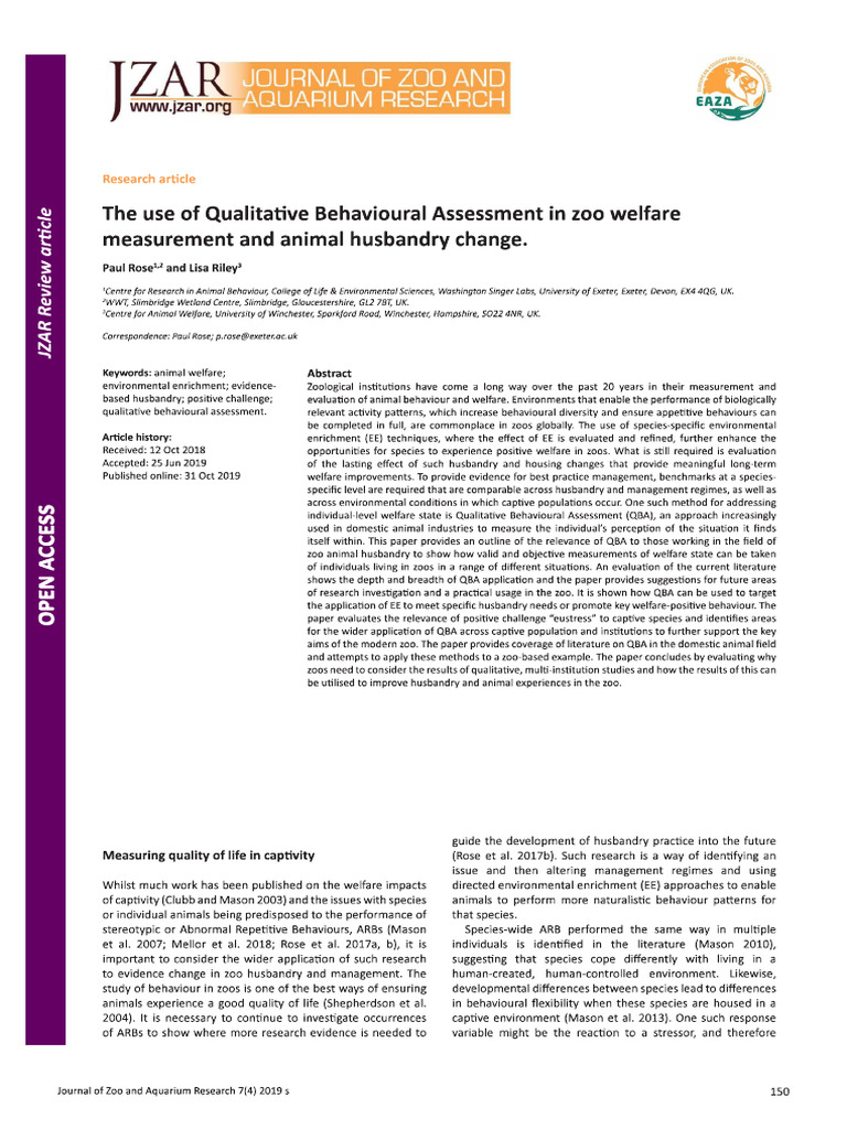 The Use of Qualitative Behavioural Assessment in Zoo Welfare | PDF