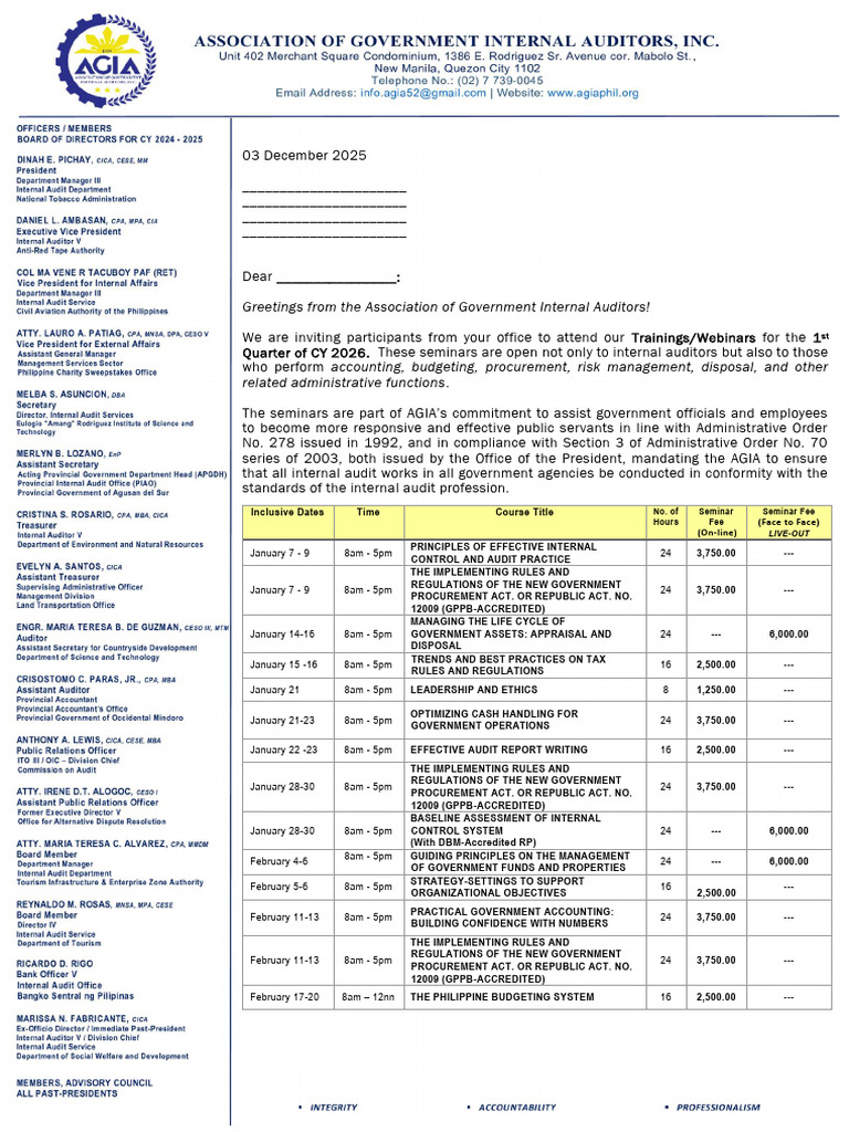 2026 1st Quarter Letter of Invitation - AGIA | PDF | Internal Audit | Audit