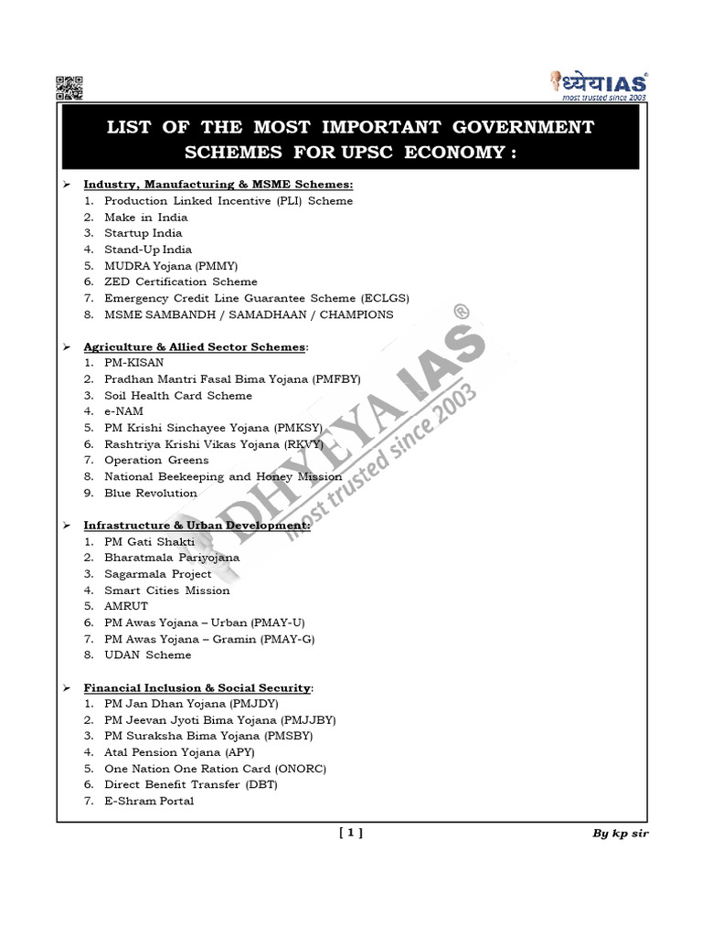 List of The Most Important Government Schemes For Upsc Economy English ...