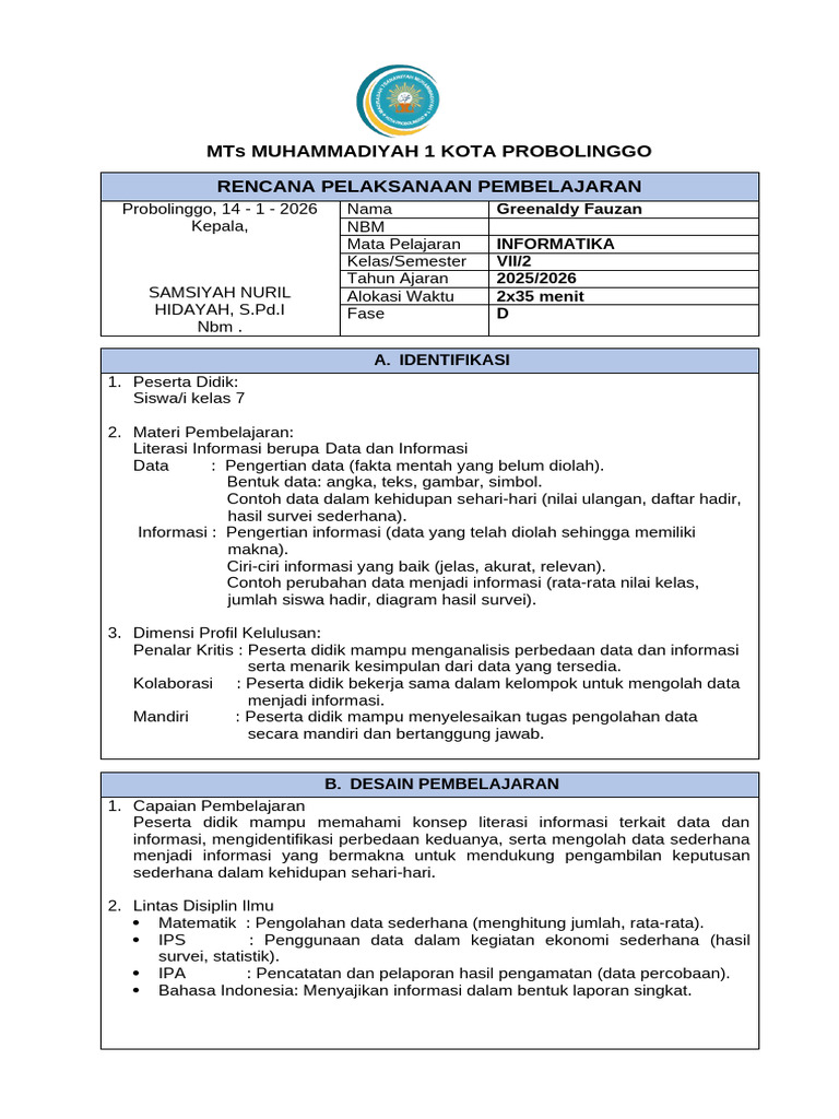 RPP Informatika Kelas 7 | PDF