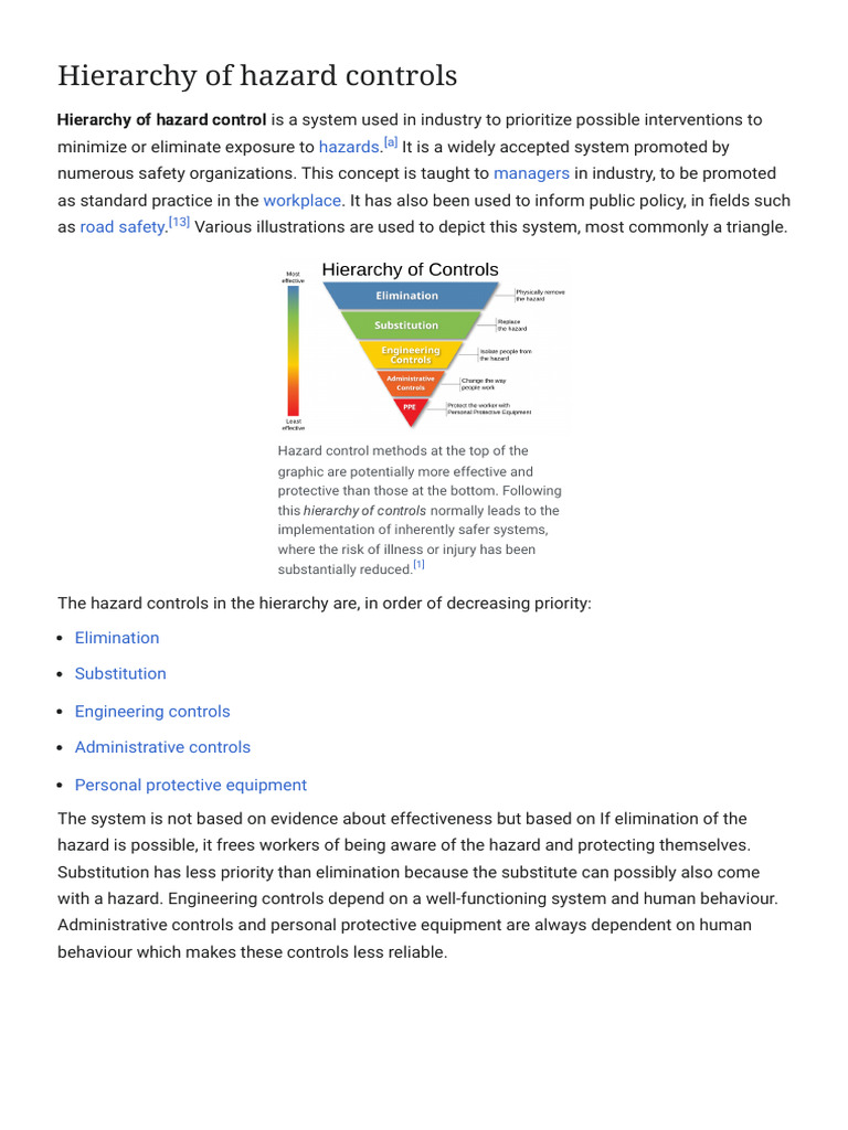 Hierarchy of Hazard Controls - Wikipedia | PDF | Workplace | Working ...