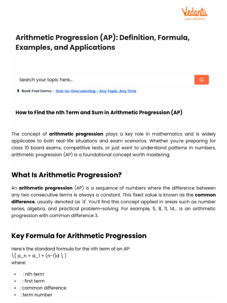 Arithmetic Progression (AP) - Definition, Formula, Examples, and ...
