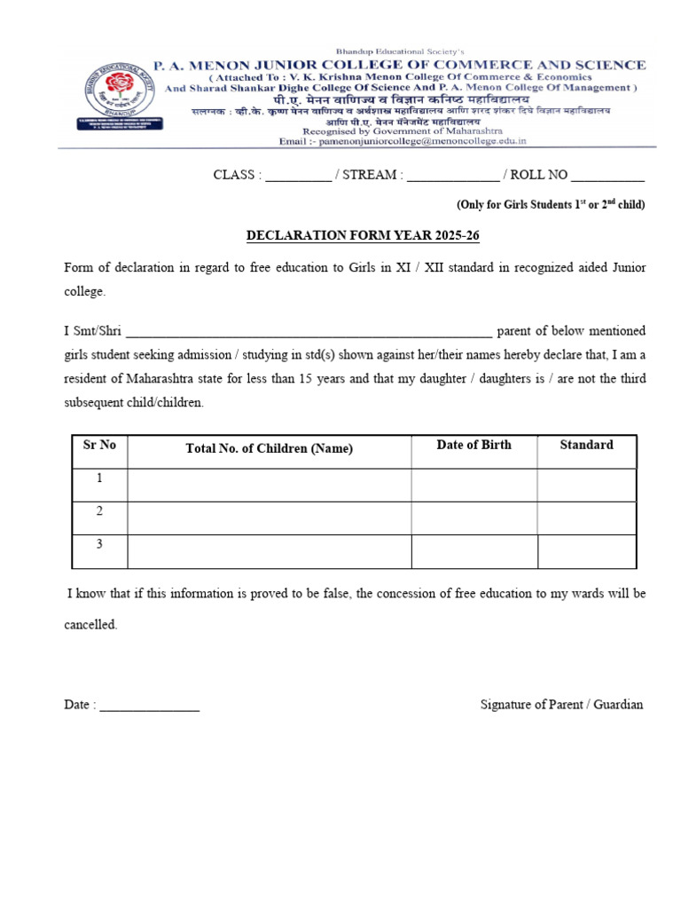 Declaration Form 2025-26 | PDF