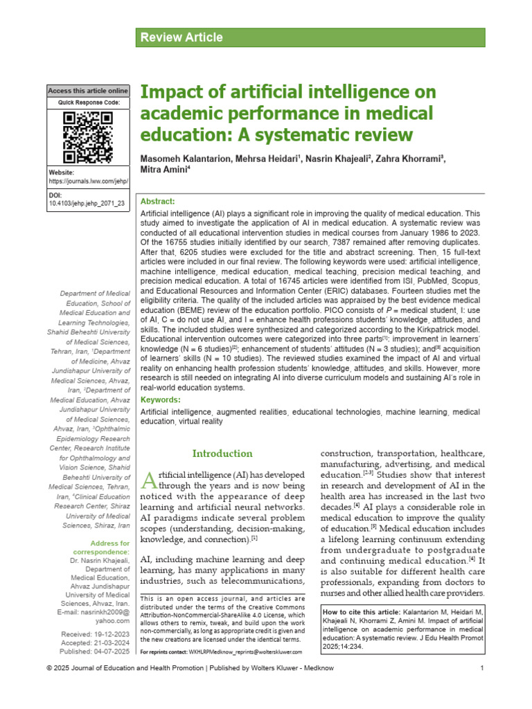 Impact of Artificial Intelligence On Academic Performance in Medical ...
