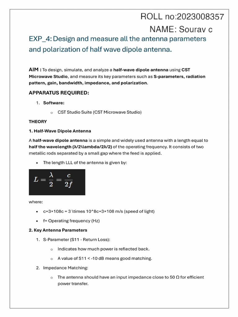 Exp05 Half Wave Dipole (Sample) | PDF