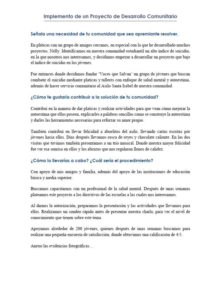 Implemento de Un Proyecto de Desarrollo Comunitario | PDF