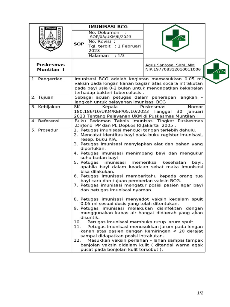 Sop Imunisasi BCG | PDF
