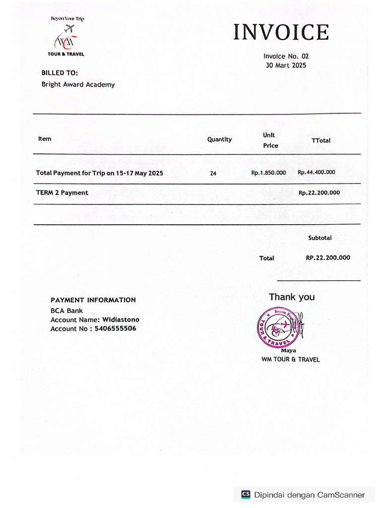 Invoice Termin 2 Js Trip | PDF