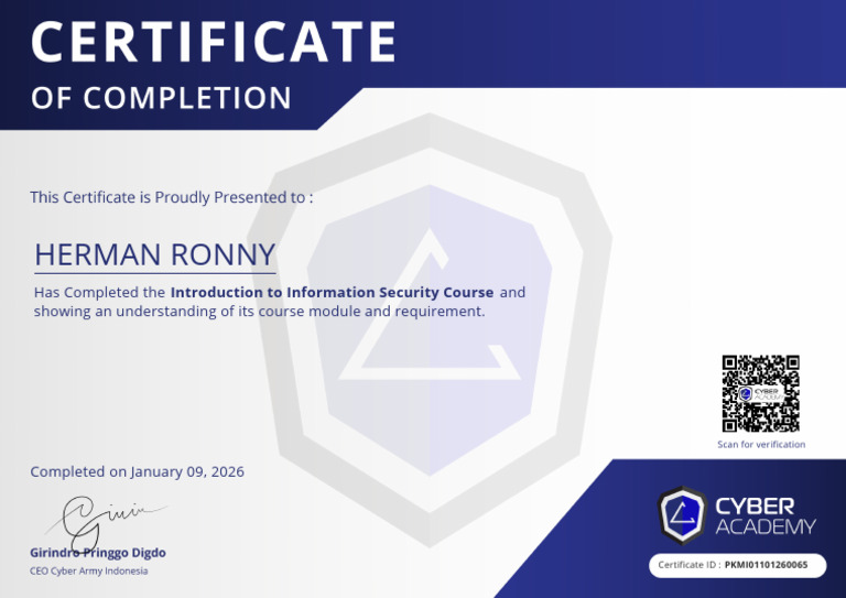 Certificate of Completion Introduction To Information Security | PDF