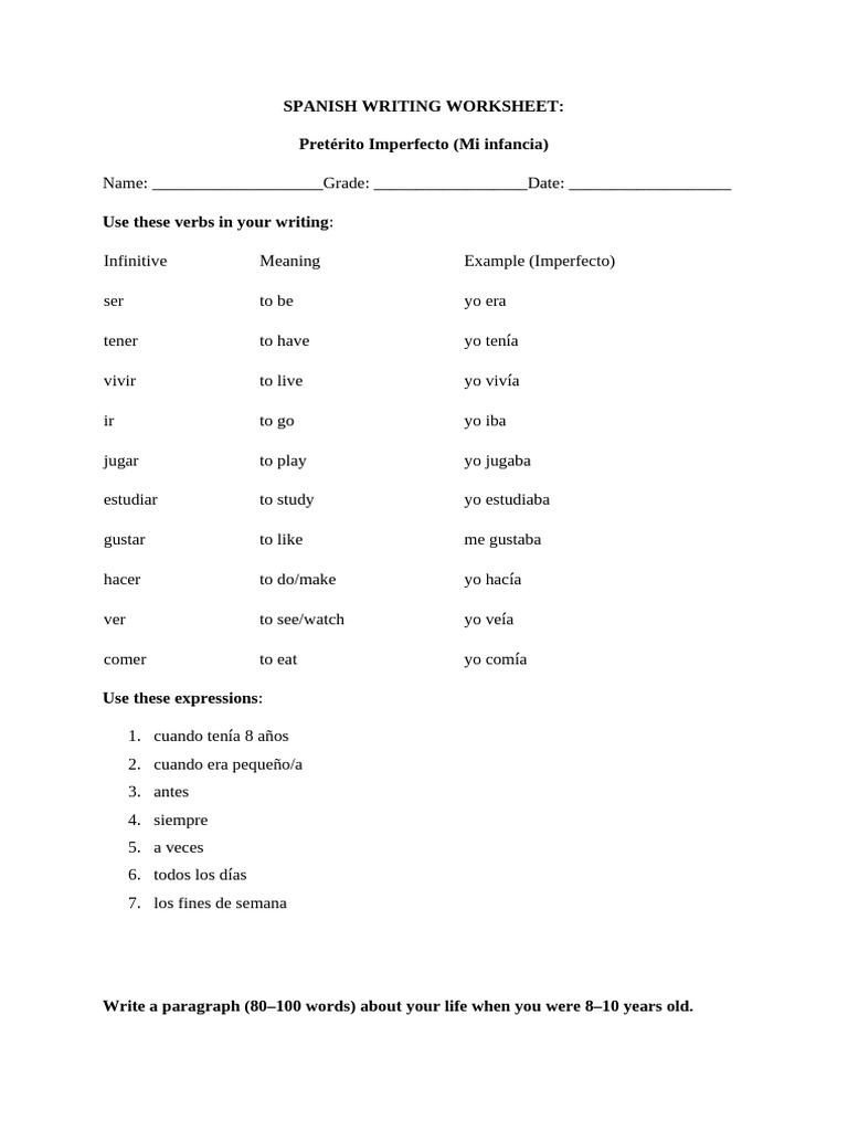 Spanish Writing Worksheet 5 GR 8 | PDF