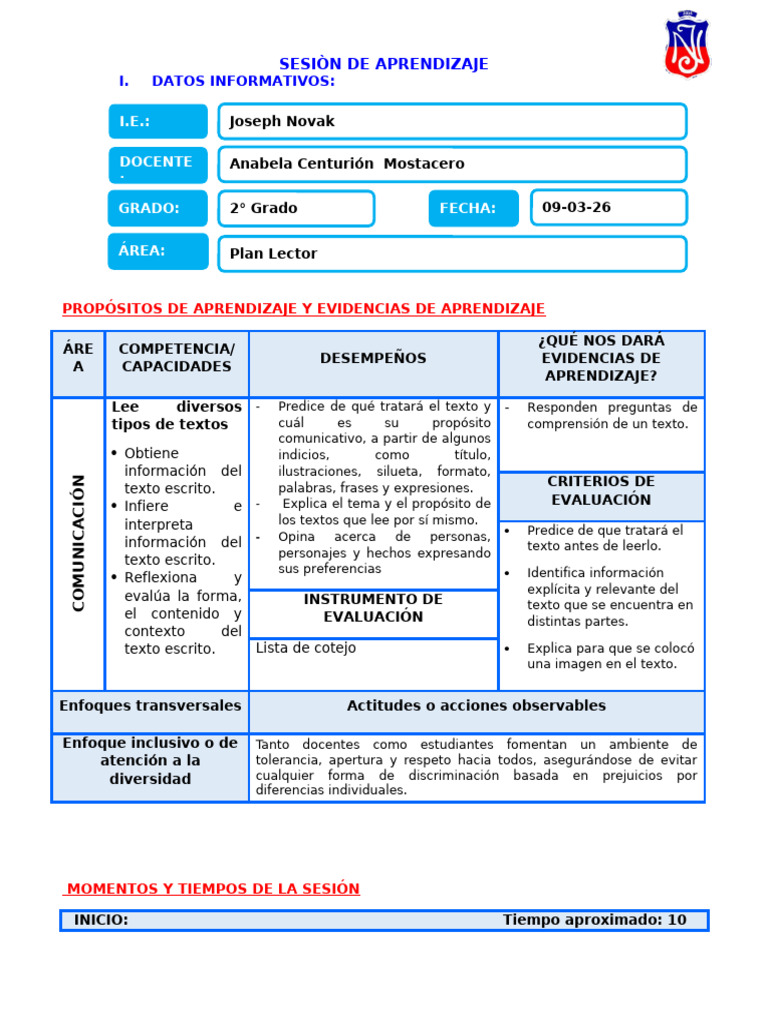 04. SESION PLAN LECTOR-Caminito de La Escuela | PDF | Aprendizaje ...