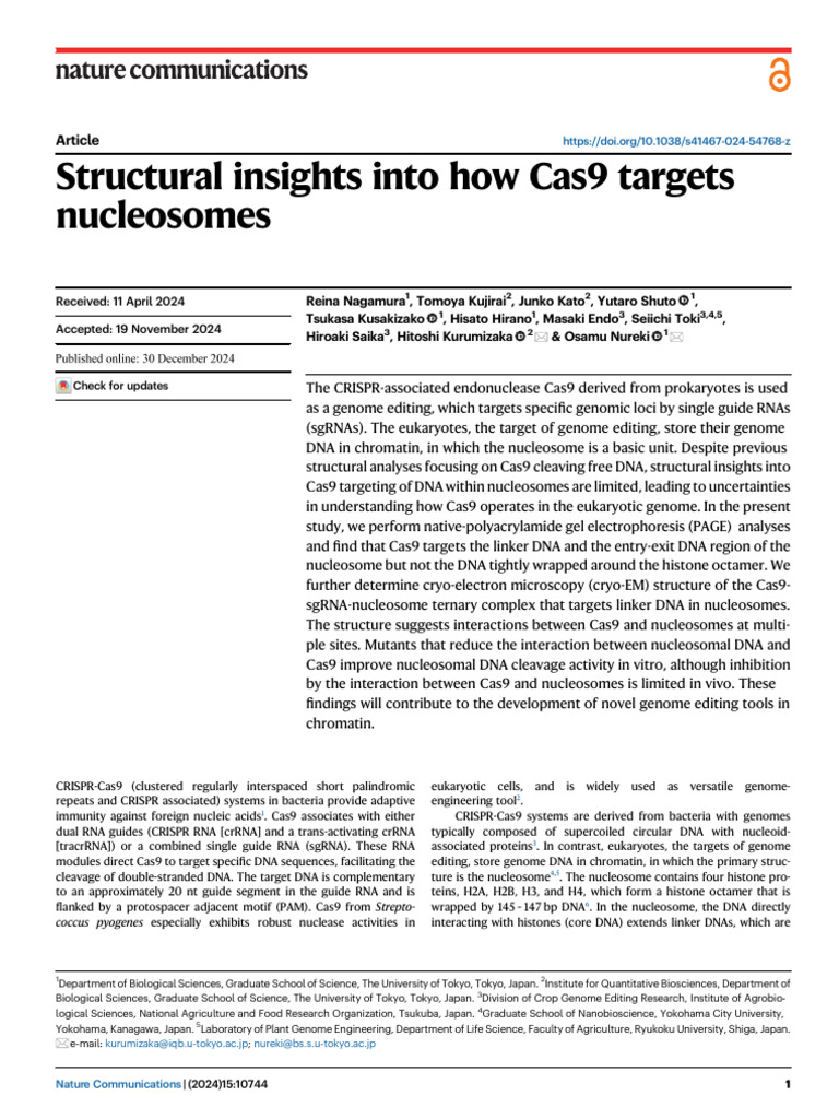 Structural Insights Into How Cas9 Targets Nucleoso | PDF | Histone | Dna
