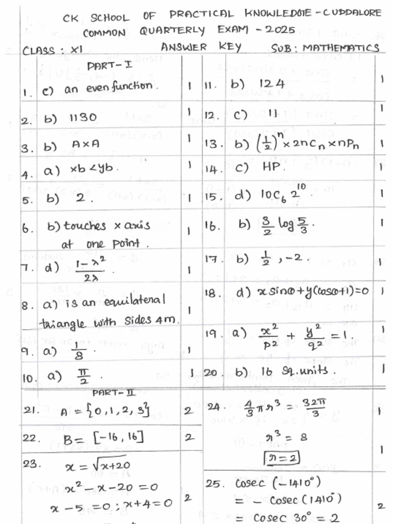 XI - Maths Answer Key | PDF