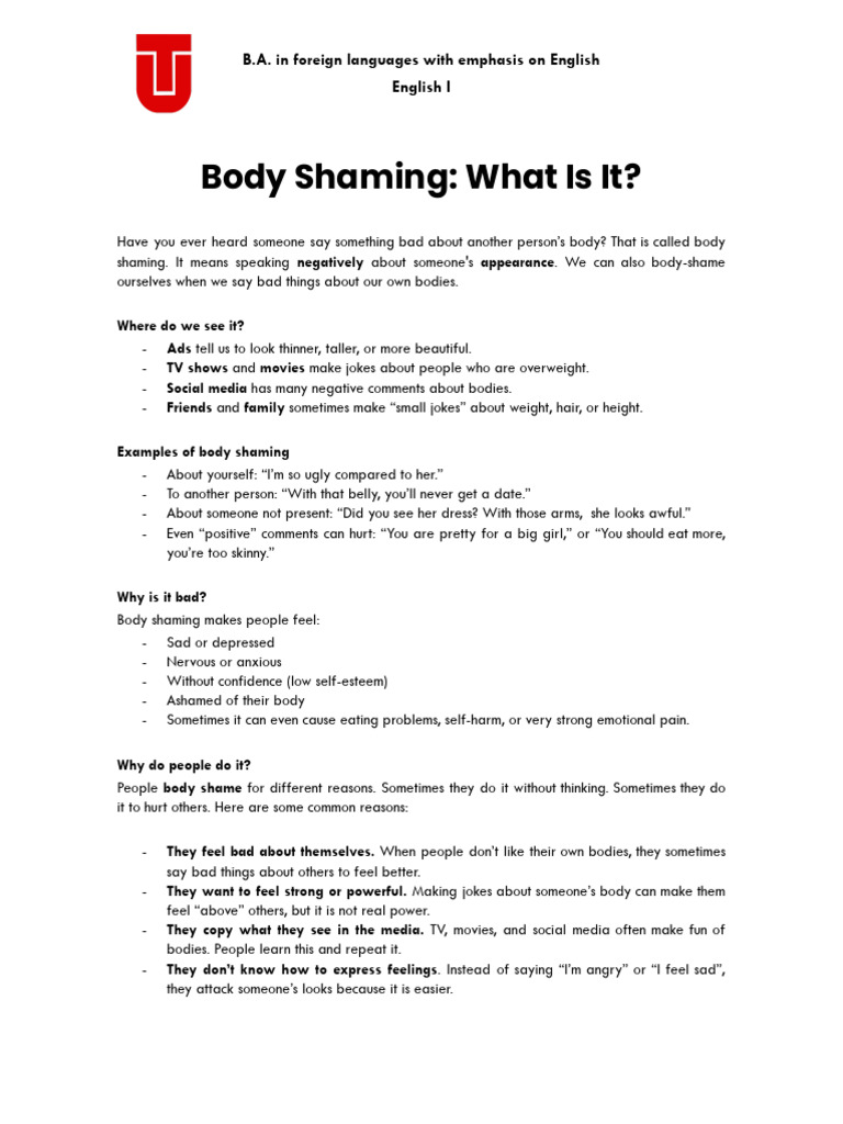 Body Shaming Reading | PDF | Shame