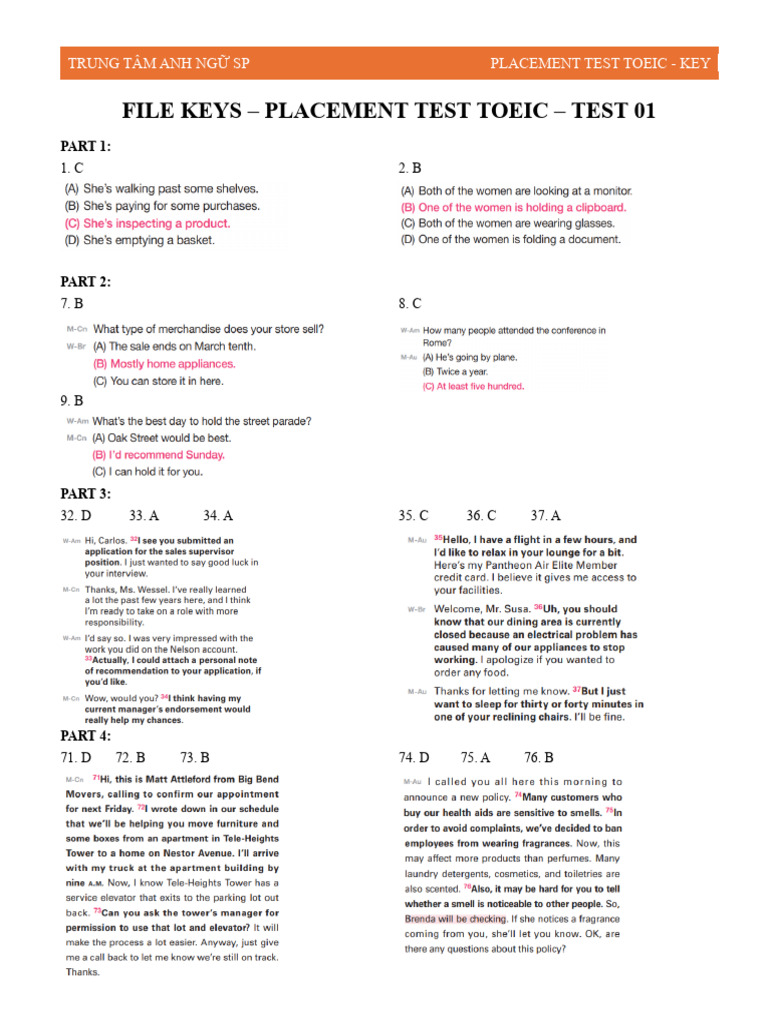 Placement Test Toeic - Keys + Script | PDF