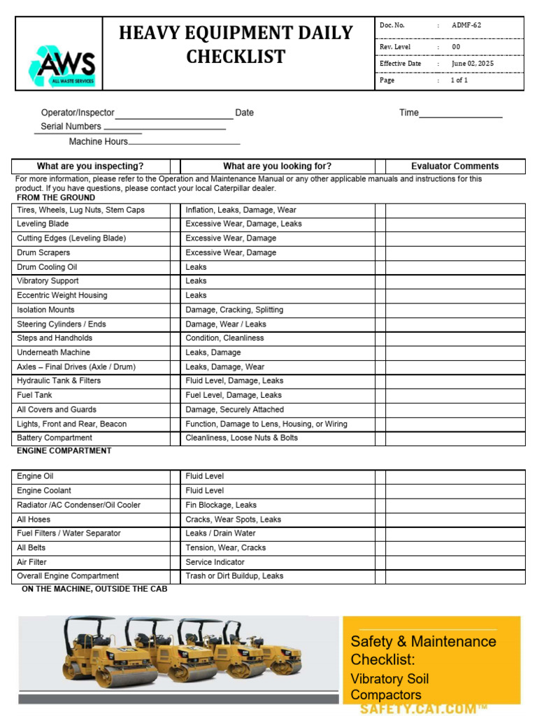 ADMF-62 Safety & Maintenance Checklist - Vibratory Soil Compactors ...