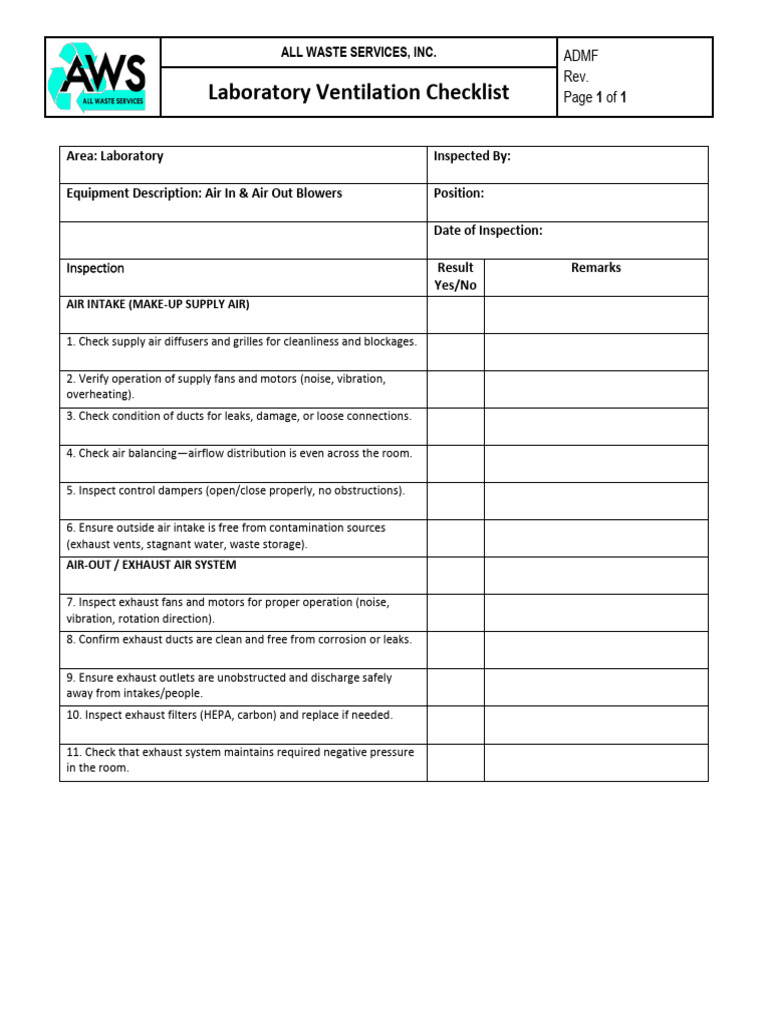 Checklist of Laboratory Ventilation System | PDF