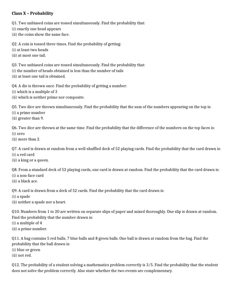 Class 10 Probability CBSE Questions | PDF