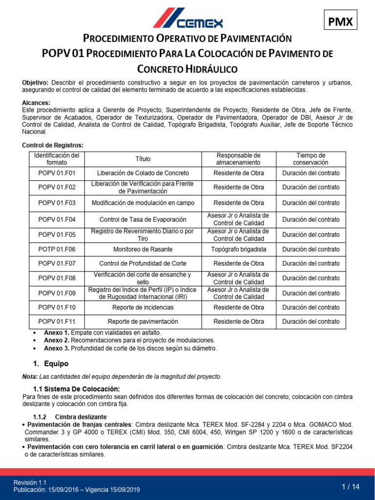 4 PMX POPV 01 Colocación de Pavimento de Concreto Hidráulico Rev 1.1 | PDF