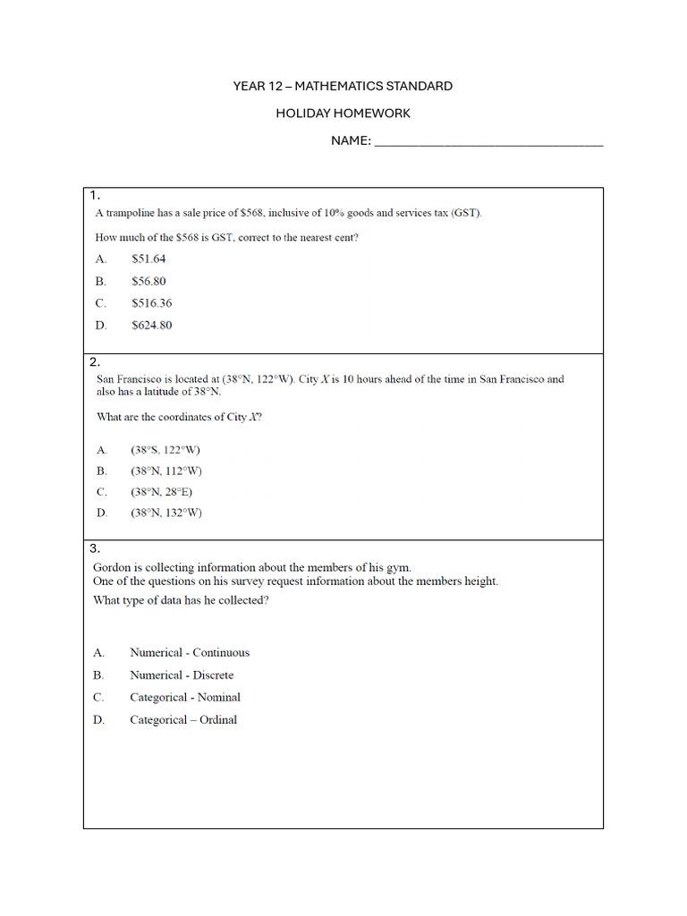 Year 12 Mathematics Standard Holiday Homework | PDF