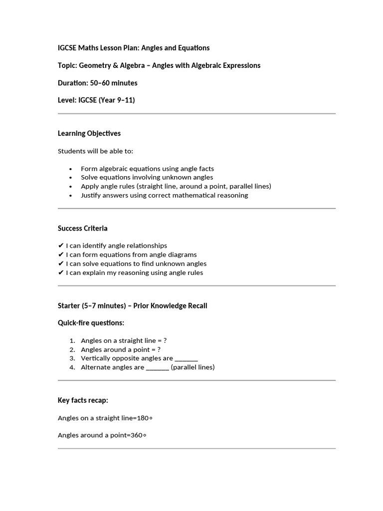 IGCSE Maths Lesson Plan Angles | PDF