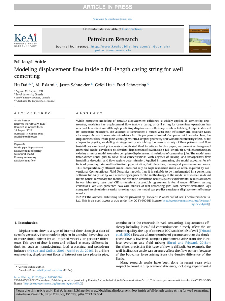 Modeling Displacement Flow Inside A Full-Length Casing String For Well ...