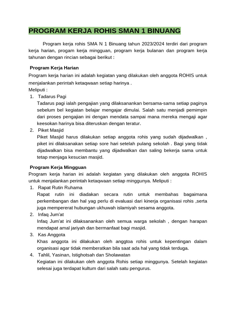 Program Kerja Rohis Smanbin | PDF